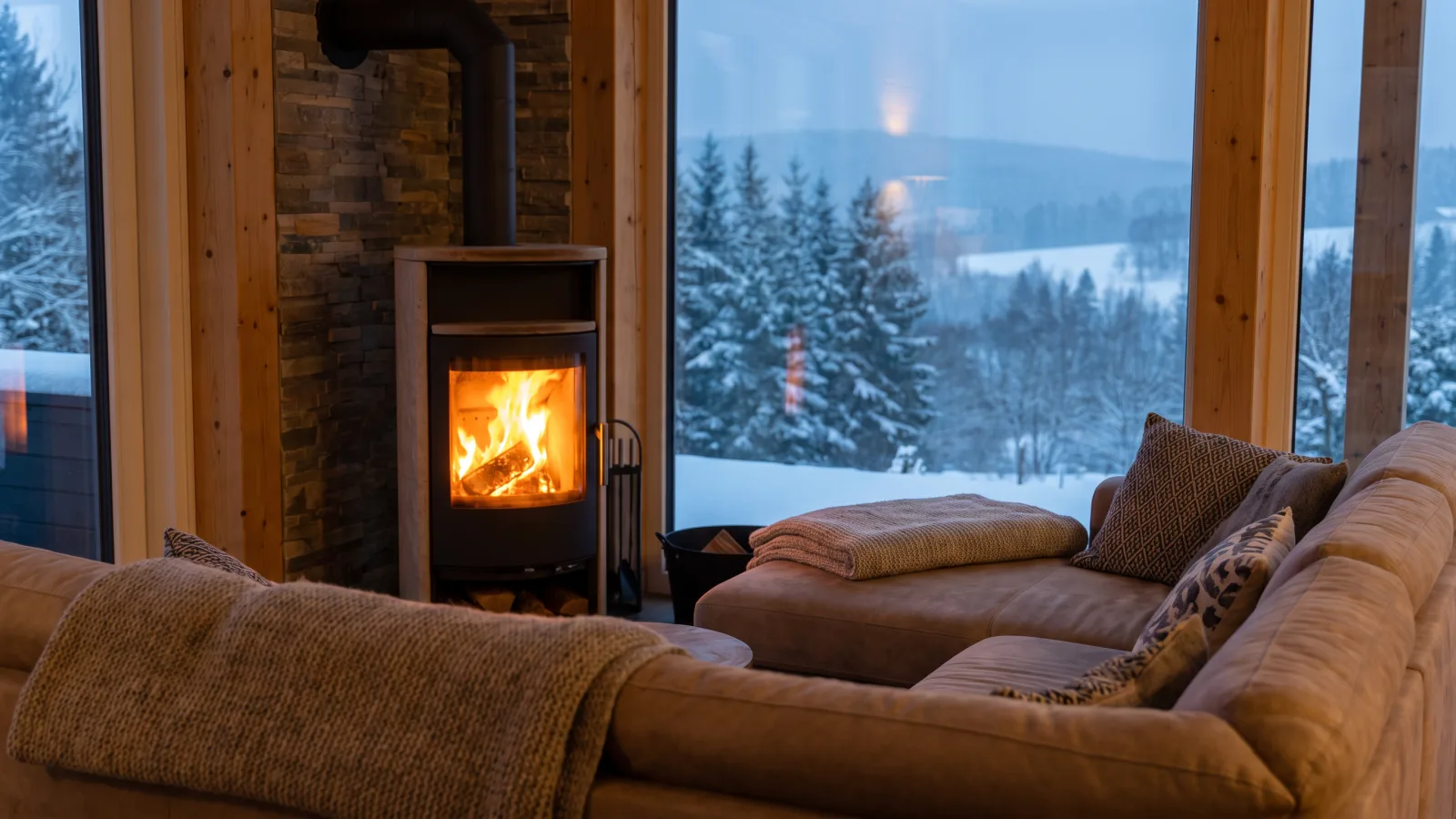 Gemütliches Wohnzimmer einer modernen Harz Ferienwohnung mit Kamin und Blick auf Winterlandschaft.
