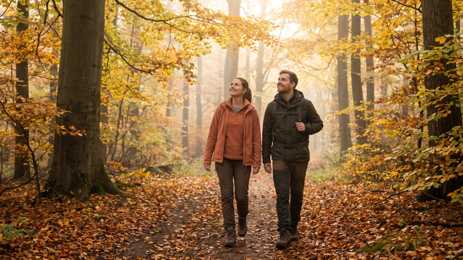 Ein Paar wandert glücklich auf einem Laubweg durch einen nebligen Wald im Harz im Herbst.