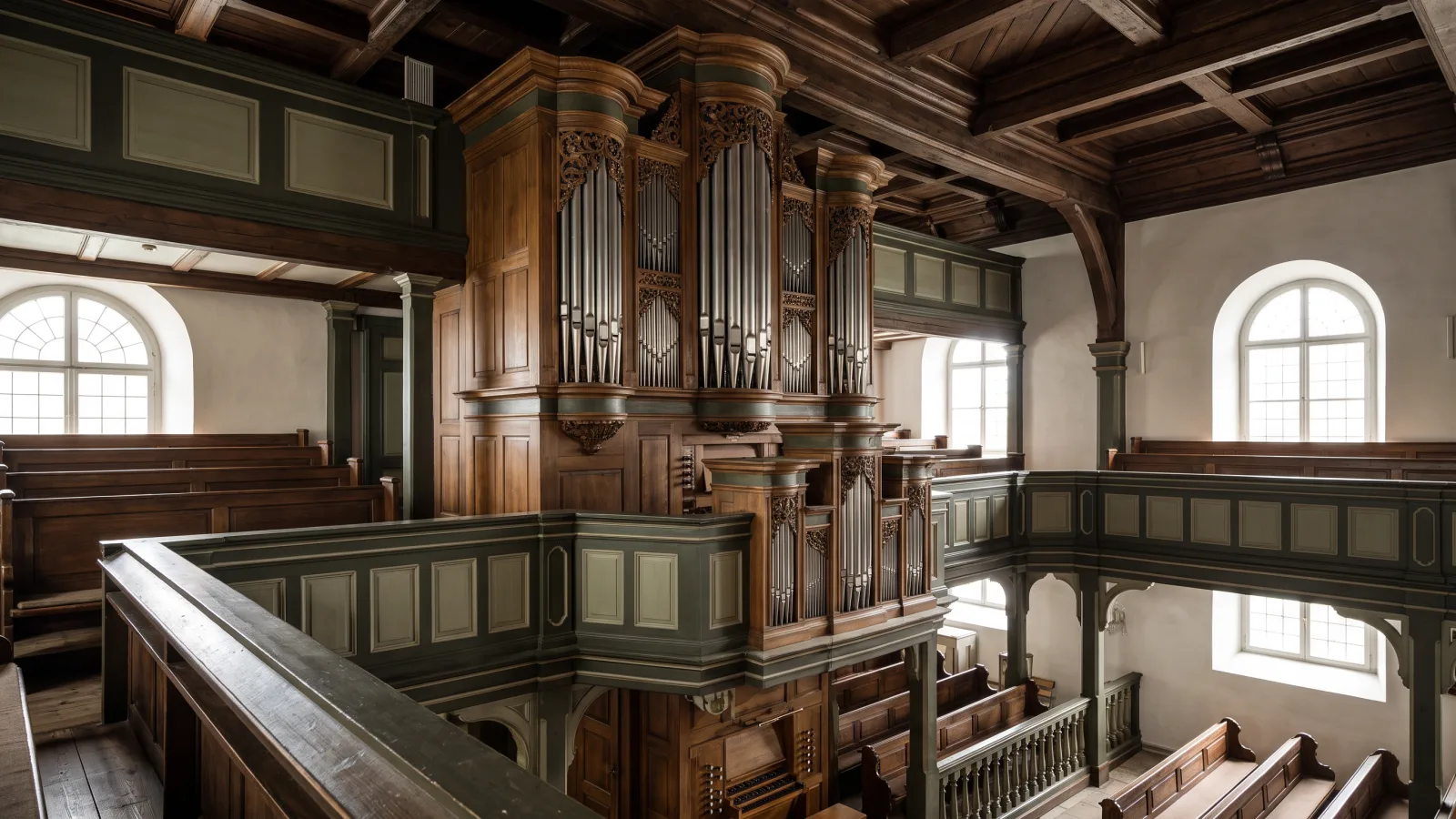 Innenansicht der beeindruckenden Marktkirche zum heiligen Geist mit ihrer kunstvollen Orgel und den hölzernen Emporen.
