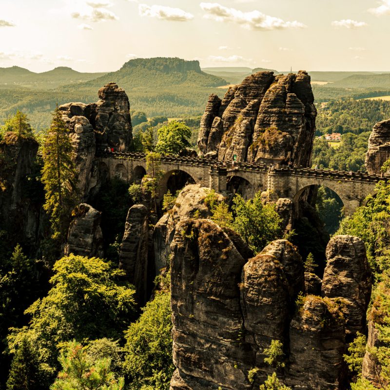 Gebirge und Wald mit Steinbrücke
