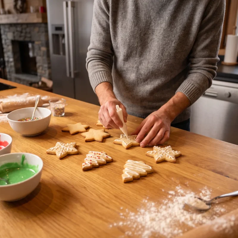 Person dekoriert Weihnachtsplätzchen in einer gemütlichen Küche im Harz mit Schneeaussicht.