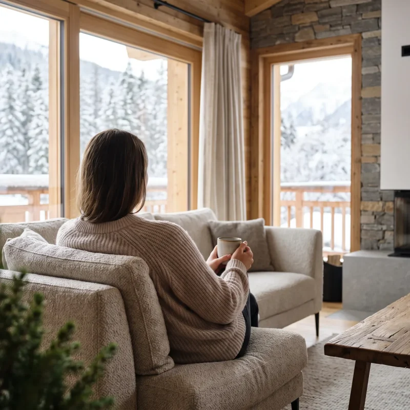 Frau genießt gemütlich ihren Weihnachtsurlaub im Chalet mit Blick auf verschneite Berge.