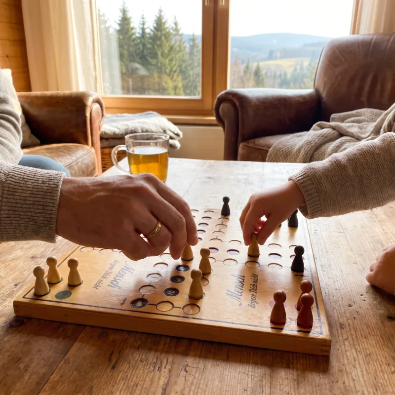 Eine Person spielt mit einem Kind ein Brettspiel an einem Holztisch in einem Chalet mit Bergblick, ideal für Familienurlaub im Harz.