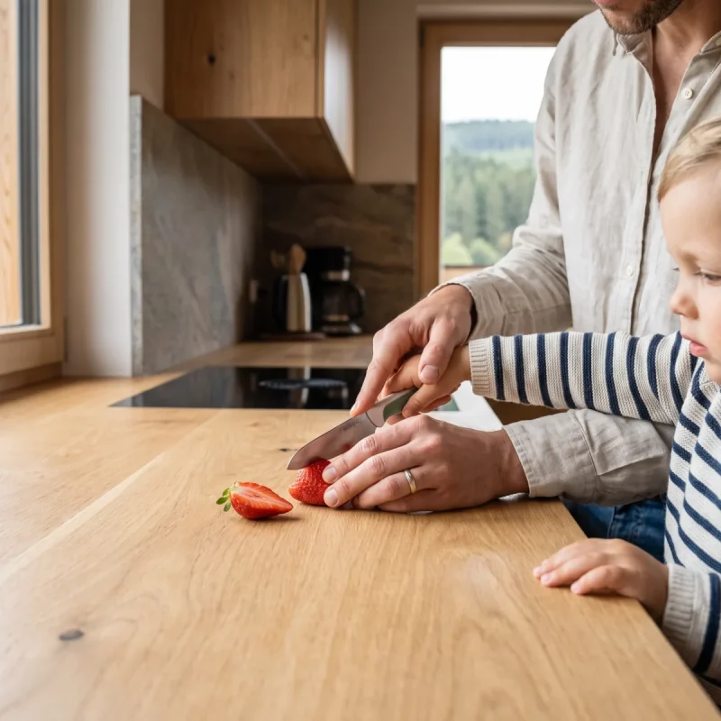 Vater und Sohn schneiden Erdbeeren in einer modernen Chalet-Küche im Harz, mit Waldblick.