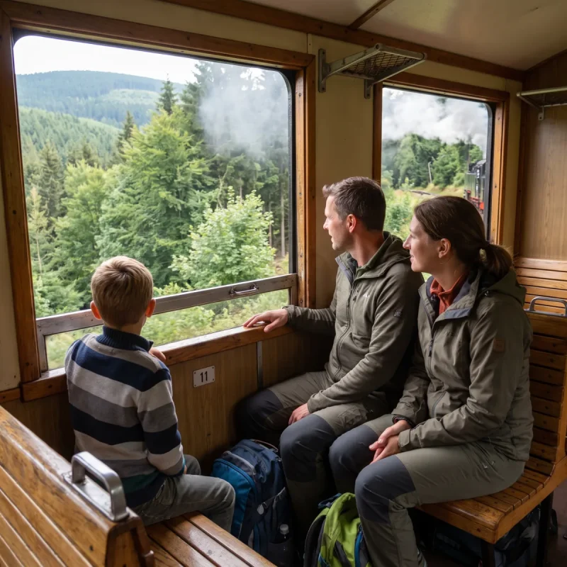 Kurzurlaub Harz mit Kindern: Eine Familie mit Kind genießt eine malerische Zugfahrt durch die grüne Berglandschaft des Harz.