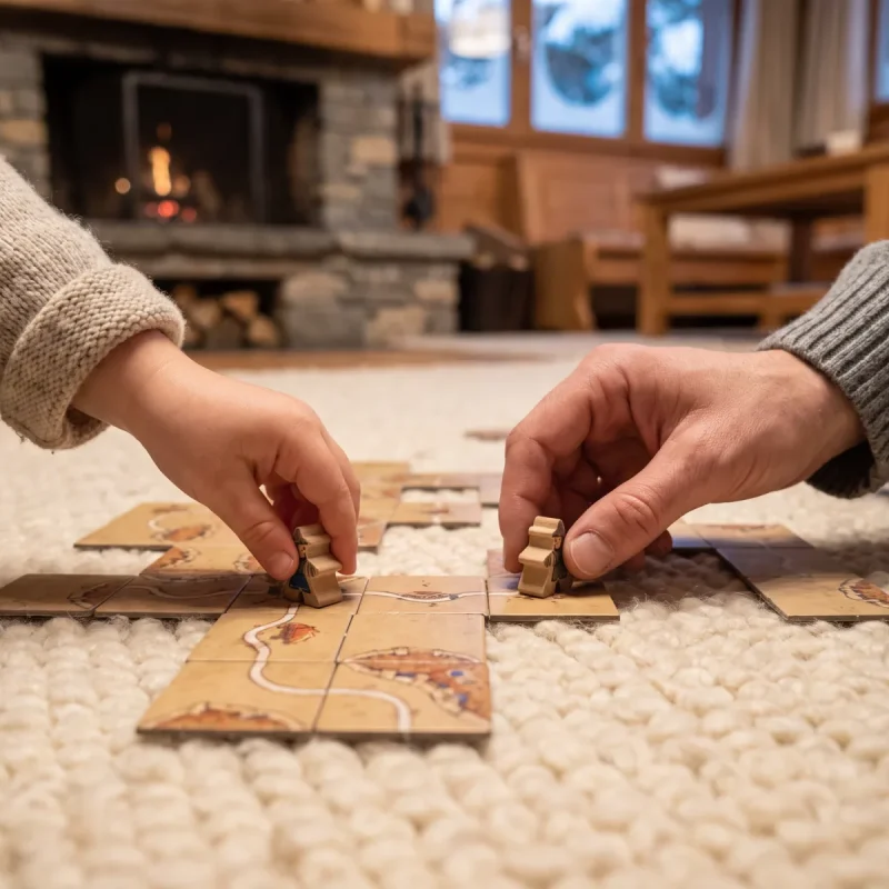 Familie spielt Brettspiel vor warmem Kamin in einem winterlichen Chalet. Ideal für Silvester Harz mit Kindern.