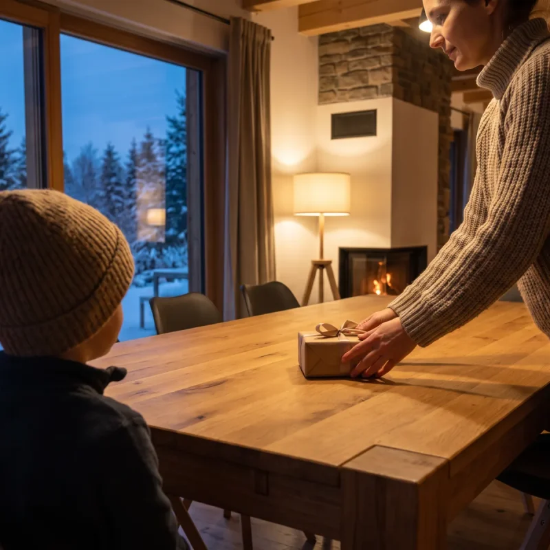 Mutter überreicht Kind ein Weihnachtsgeschenk an einem Holztisch im warmen Harz-Apartment mit Winterblick.