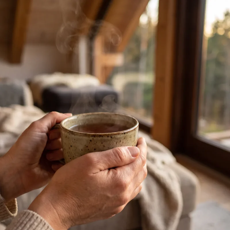 Hände halten eine dampfende Tasse Tee in einem gemütlichen Chalet mit Waldblick.