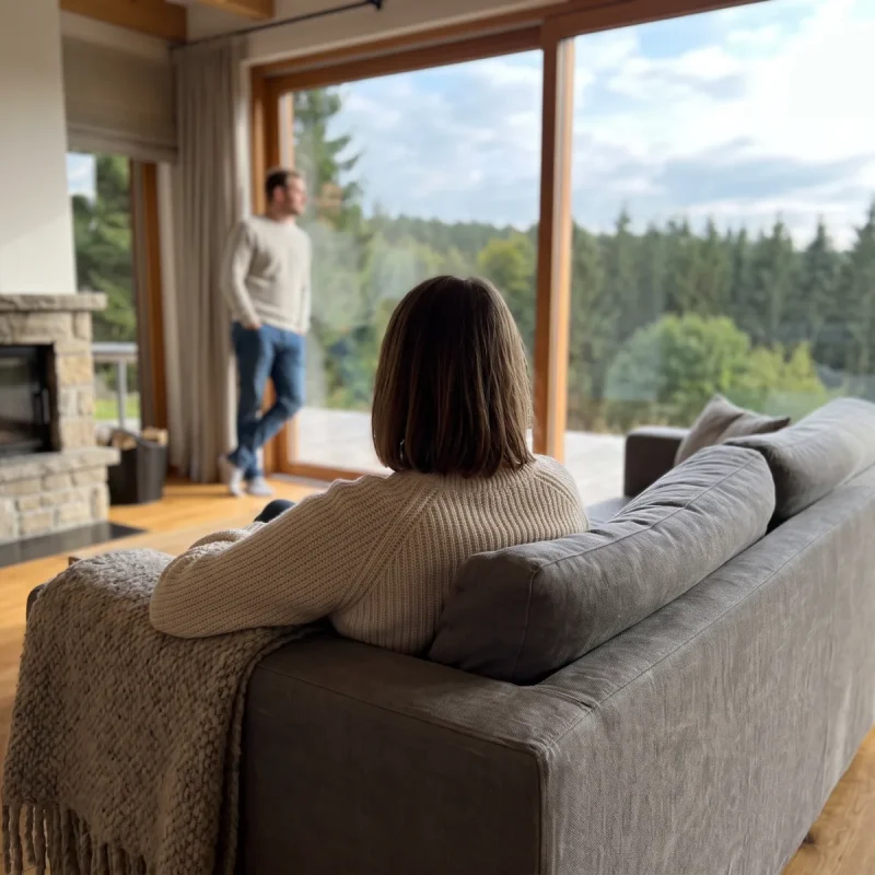 Eine Frau sitzt auf einem Sofa und blickt mit einem Mann aus dem Fenster eines modernen Chalets auf einen Wald.