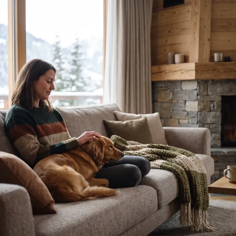 Frau streichelt ihren Golden Retriever auf dem Sofa in einem gemütlichen Winter-Chalet.