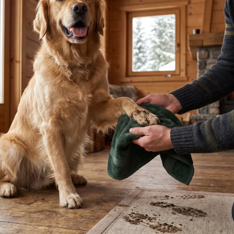Hund bekommt im Winter in einem gemütlichen Chalet nach einem Spaziergang die Pfoten gereinigt.