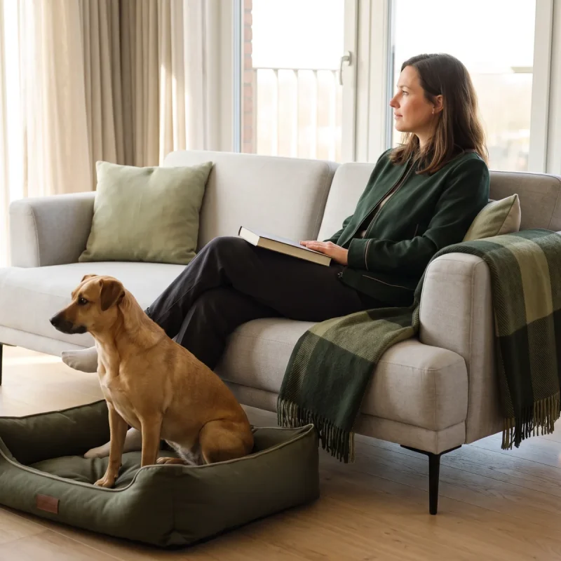 Eine Frau liest entspannt auf einem Sofa in einer hellen Ferienwohnung, ihr Hund liegt im Bett daneben.
