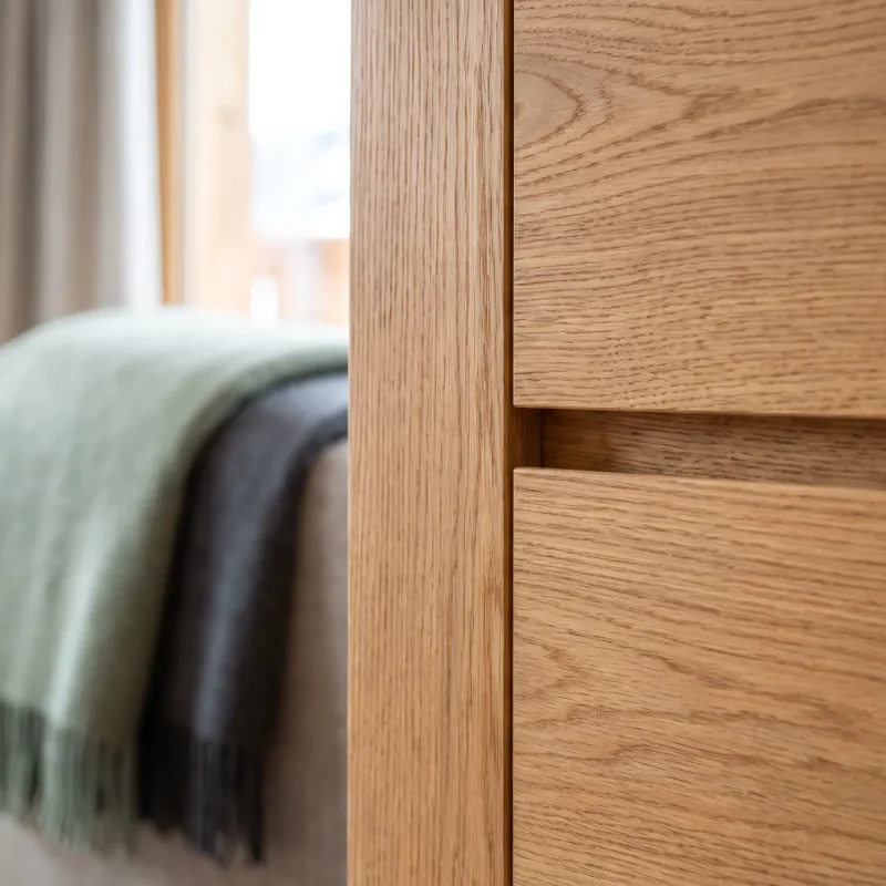 Nahaufnahme einer hochwertigen Holzoberfläche in einem Chalet, mit unscharfem Wohnbereich im Hintergrund.