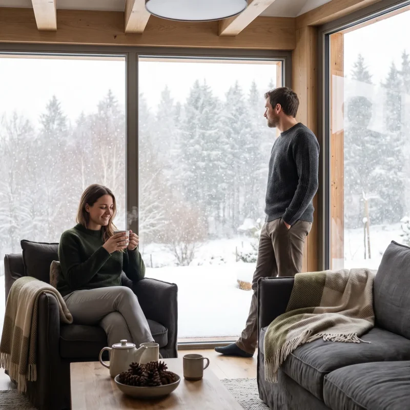 Ein Paar genießt die Winterlandschaft vor dem Fenster in einem gemütlichen Chalet-Wohnzimmer im Harz.