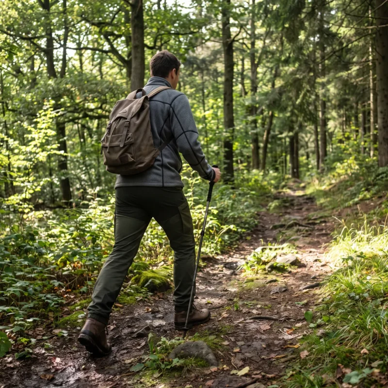Ein Wanderer mit Rucksack und Stock geht auf einem sonnigen Waldweg im Harz.