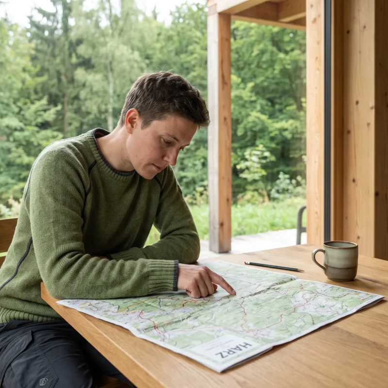 Eine Person sitzt an einem Holztisch und plant eine Wanderung auf einer Harz-Karte.
