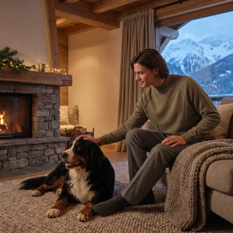 Ein Mann streichelt seinen Hund vor einem Kamin in einem gemütlichen Chalet mit Bergblick im Winter.