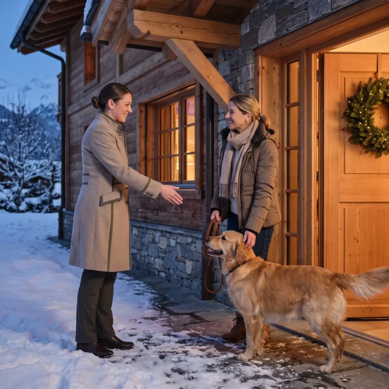 Zwei Frauen und ein Golden Retriever werden vor einem festlich geschmückten Chalet im Schnee begrüßt.