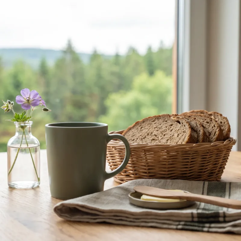 Gemütliches Frühstück mit frischem Brot und Kaffee auf einem Holztisch vor einer Waldlandschaft.