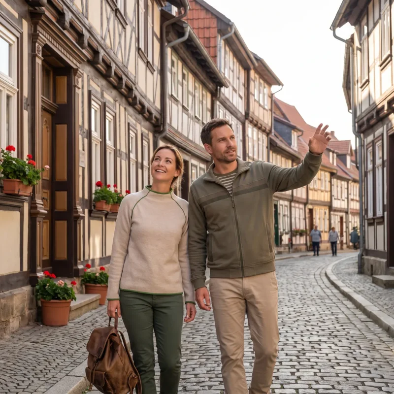 Ein Paar spaziert Hand in Hand durch eine gepflasterte Gasse einer historischen Fachwerkstadt im Harz.
